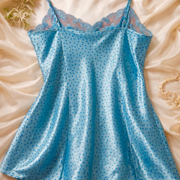 Victoria's Secret Aqua Blue Polka Dot Satin Slip with Lace Trim - Picture 3 of 5